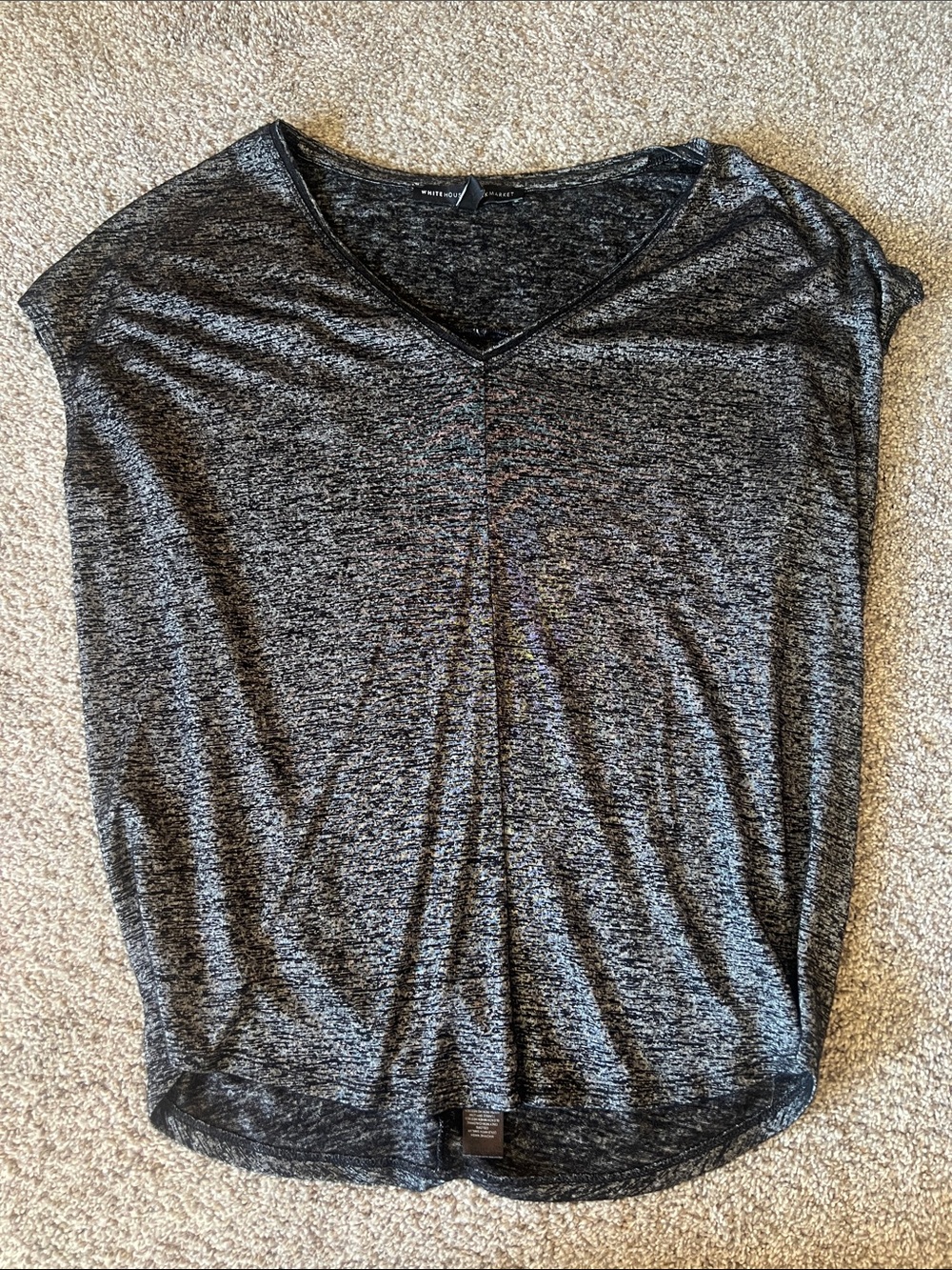 White House Black Market Black Heathered V-Neck Short Sleeve Top